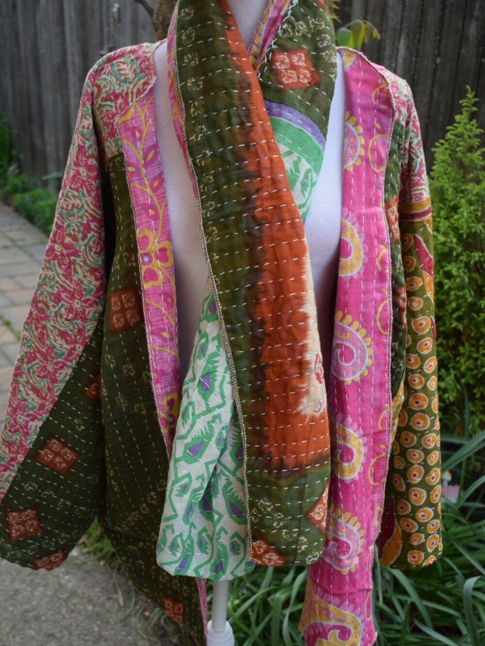 Women Handmade One Of A Kind Colorful Kantha Jacket Reversible Scarf One Size
